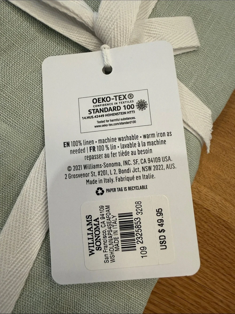 Williams Sonoma Italian Linen Dinner Napkins Set of 4 in Seafoam Sage NWT